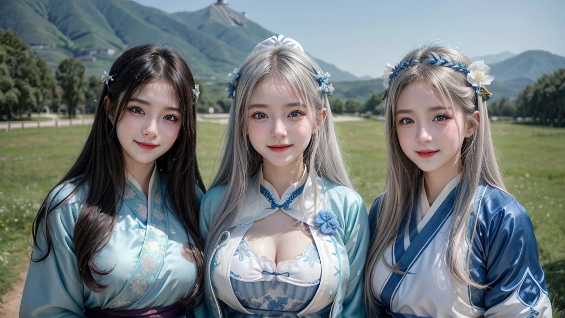 (3 girls), Indonesian baby face, 12 years, smile ,white skin,silver hair, Round breast, blue eyes, meadow,(Half-dressed in Chinese Hanfu, nipples naked, breasts erect.,Bare-chested ((big breasts)) 8K, The details are very realistic....., The best of photography ((round chest)