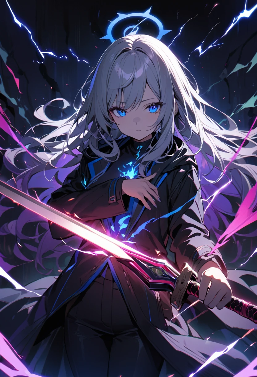 elementary, Shadow Surrounding Girl, lightning, Green Aura, Red aura, Purple aura, Flames surrounding the girl, masterpiece, Dark Theme, Highest quality, Maximum details, Very fine eye, Professional coloring, cinematic lightning, Remaining, Written boundary depth, Backlight, One Girl, Center of chest, Young girl, Silver Hair, Long Hair, Black glowing halo, Shining blue sea, Embrace the blue flame, Black long coat, shirt, Black trousers, Swinging a thin long sword, Expressionless purple and blue eyes,