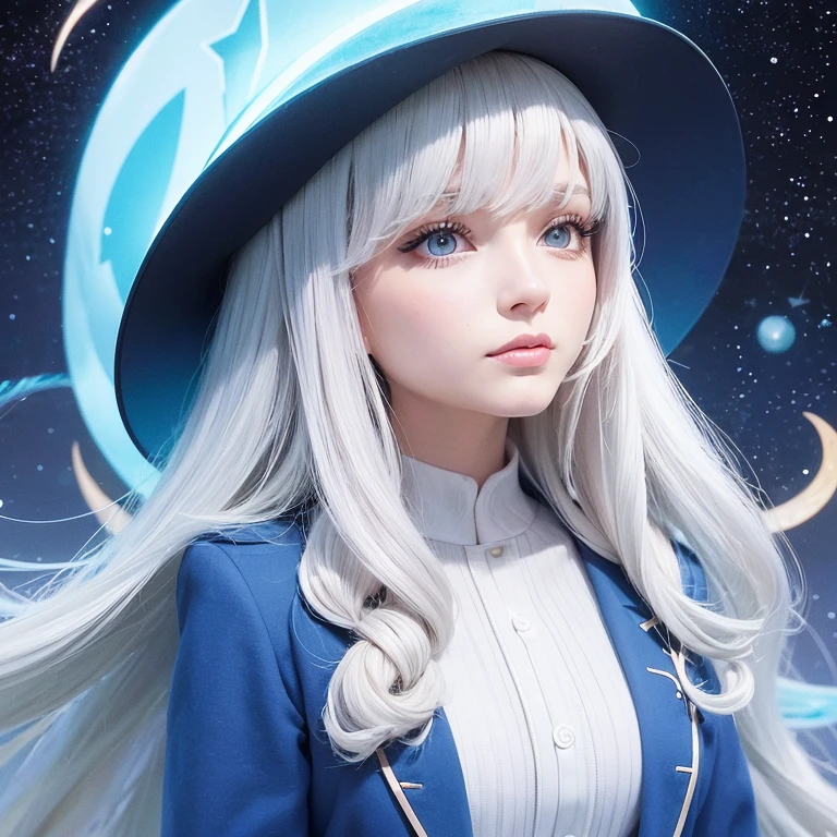 a close up of a European beautiful young woman wearing a hat and a blue jacket, jen bartel, ☁🌪🌙, illustration style, 2 d illustration, 2d illustration, in style of digital illustration, dreamy illustration, 2d digital illustration, dressed in stars and planets, procreate illustration, by Andrée Ruellan, in style of laurie greasley
