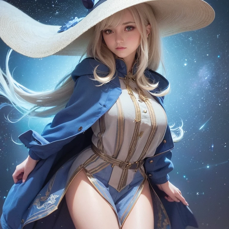 a close up of a European beautiful young woman wearing a hat and a blue jacket, jen bartel, ☁🌪🌙, illustration style, 2 d illustration, 2d illustration, in style of digital illustration, dreamy illustration, 2d digital illustration, dressed in stars and planets, procreate illustration, by Andrée Ruellan, in style of laurie greasley