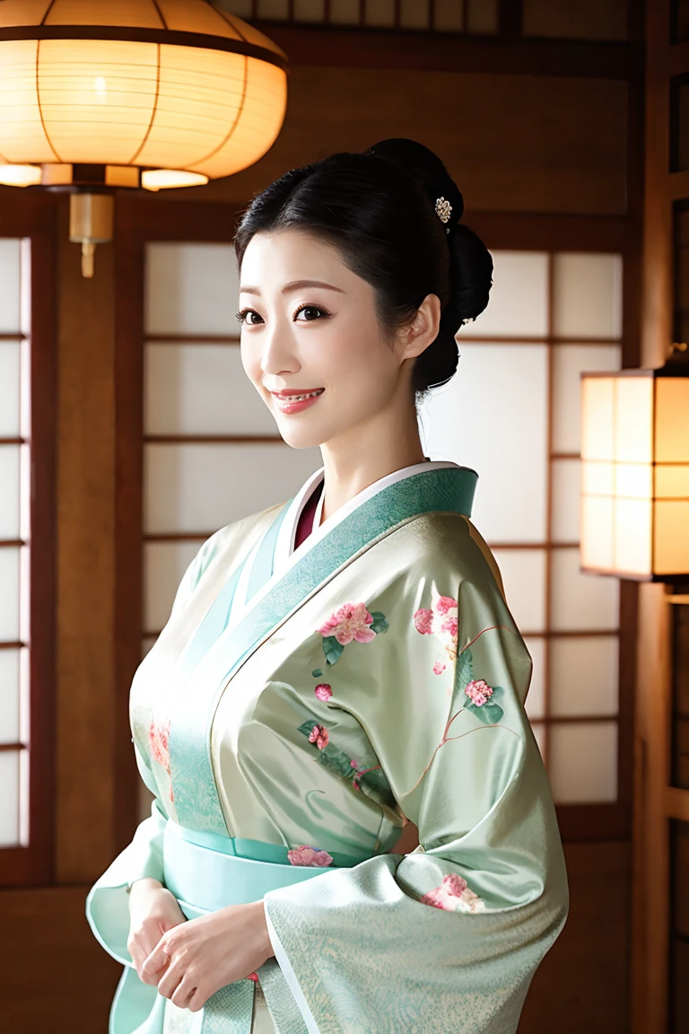 (Highest quality、Tabletop、8K、Best image quality、Award-winning works)、(1 Beautiful Mature Woman:1.1)、(Innkeeper:1.1)、(Elegant floral kimono:1.2)、(A kimono with a perfect and accurate collar:1.2)、Perfect Mature Woman Portrait Photo、Glowing Skin、Standing Elegantly、(Blurred elegant and elaborate perfect Japanese style room background:1.3)、(The most natural and perfect tidy Japanese-style room background:1.2)、(Elegant and luxurious Japanese style room background:1.1)、Glowing White Skin、Very white skin、(Accentuate your body lines:1.1)、(The most elegant posture:1.2)、(Large Breasts:1.2)、(Chignon:1.2)、(Accurate anatomy:1.2)、(A smile looking at me:1.2)、(Stand elegantly facing forward:1.2)、(Front view:1.1)