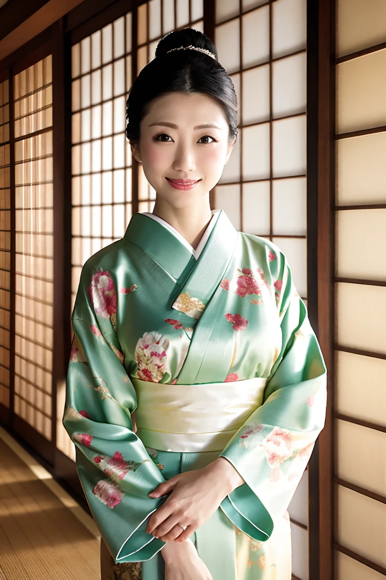 (Highest quality、Tabletop、8K、Best image quality、Award-winning works)、(1 Beautiful Mature Woman:1.1)、(Innkeeper:1.1)、(Elegant floral kimono:1.2)、(A kimono with a perfect and accurate collar:1.2)、Perfect Mature Woman Portrait Photo、Glowing Skin、Standing Elegantly、(Blurred elegant and elaborate perfect Japanese style room background:1.3)、(The most natural and perfect tidy Japanese-style room background:1.2)、(Elegant and luxurious Japanese style room background:1.1)、Glowing White Skin、Very white skin、(Accentuate your body lines:1.1)、(The most elegant posture:1.2)、(Large Breasts:1.2)、(Chignon:1.2)、(Accurate anatomy:1.2)、(A smile looking at me:1.2)、(Stand elegantly facing forward:1.2)、(Front view:1.1)