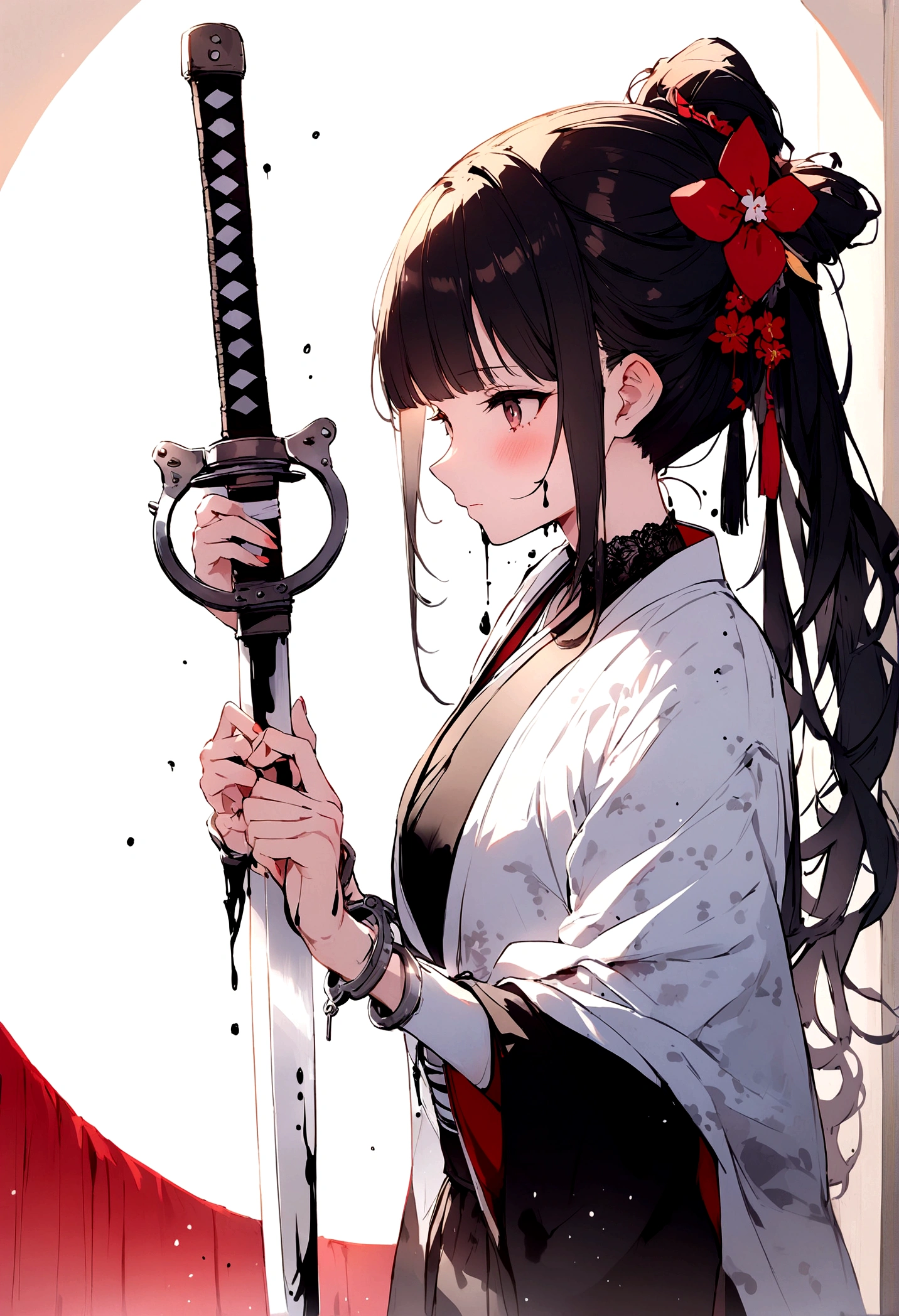 (((((roll up bandage sideways on a chest tightly to cover the chest without gaps))))), (((bandage samweways))),, ((Japanese Gangster BOSS)), adult woman with the dignified presence, Killing Qi, wear nothing around shoulder, wear nothing around neck, wear the kimono, wear it below the waist, I wind it up to control it, and to attach it, ((kimono come off)) ,wear the kimono multiple times, Bare shoulders and the clavicle, black and gold kimono, put on over jacket of kimono, (((holding a japanese sword, The handle of the sword, long sword))), low angle, whole body, anime character, Glaring, off sholder, Excellent, can see both shoulder, long kimono hem, small face, big tattoo on the arm,muscular,drink sake, The kimono is spreading,ultra-detailed,super beautiful,Masterpiece,Killing Qi,Intimidation,zoom up, a person,Selfish person,Ginkgo biloba pattern,Under the trees with autumn leaves,tall