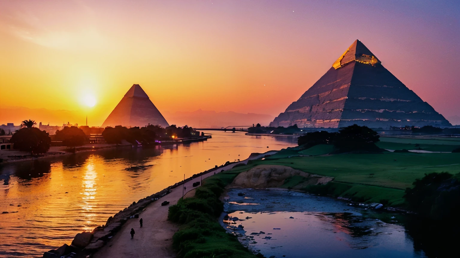 Create a stunning landscape image featuring the pyramids of Giza and the Nile River during a beautiful sunset. The sky should be vibrant with shades of orange, pink, and purple, reflecting on the calm waters of the Nile. Include lush greenery along the riverbanks and the majestic pyramids standing tall in the background.