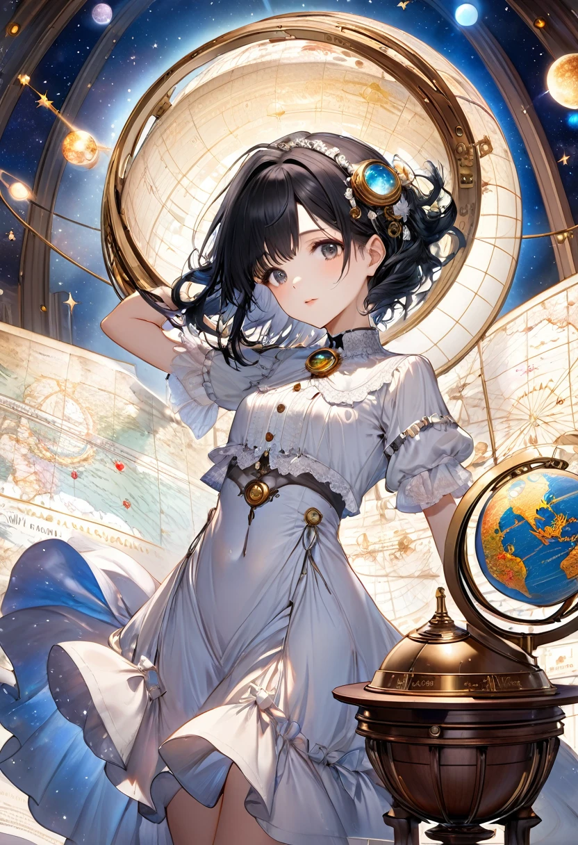 (Highest quality、High resolution、masterpiece)、(Anime Art 4k)、((One Woman、astrologer、Astronomer、whole body、Black Hair、Small breasts)), ((Large celestial globe、Celestial orbital track map))、Victorian Style、steampunk、Cinema Lighting、Ray Tracing、(Watercolor of singer Sargent)、