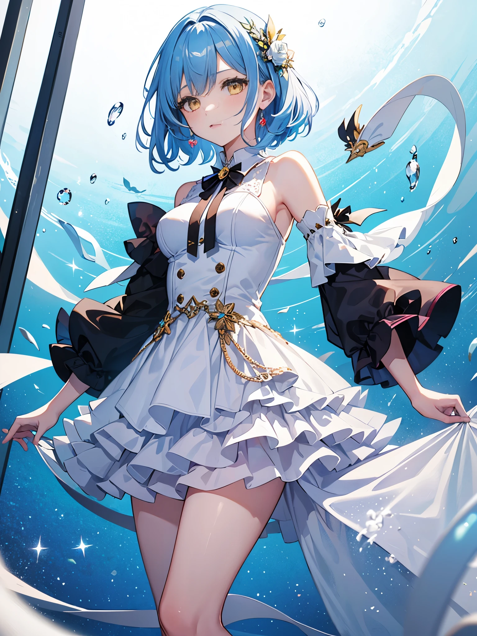 1girl, dress, idol costume, white clothes, layered skirt, light blue hair, yellow eyes, short straight hair