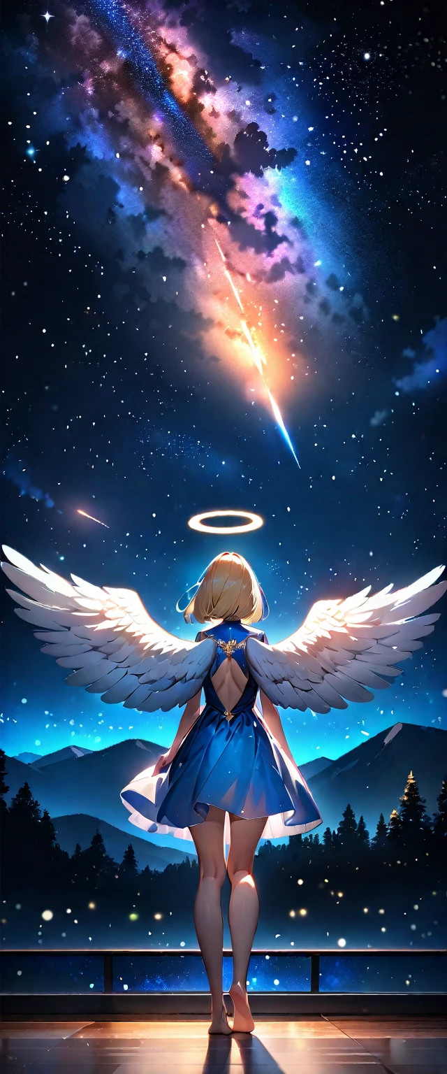 (((A meteor shower dancing in the night sky, countless stars twinkling in the clear air, a beautiful starry sky, the Milky Way shining beautifully in the night))), flying, (((with big angel wings on back))), halo, backless dress, looking up, mountain, wide shot, back shot, a girl, bob cut, bare legs, bare foot, blond hair, (best quality, 4K, 8K, highres, masterpiece:1.2, ultra-detailed, HDR, uhd, studio lighting, ultra-fine painting, sharp focus, physically-based rendering, extreme detail description, professional, vivid colors, bokeh)