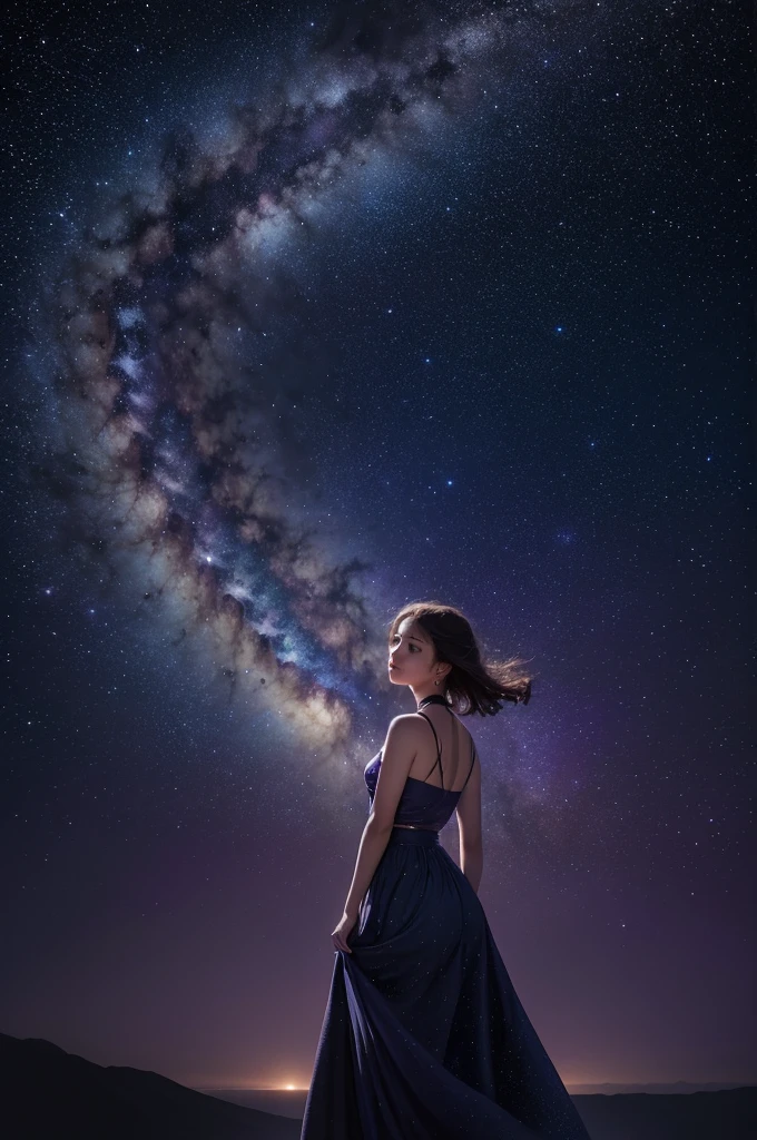 gazing at viewer, lateral view, trunk, (best qualityer, ultra-high resolution, Depth of field:1.2), Girl wearing starry dress, The Milky Way stretches to the horizon,Elegant spin in long skirt,Deep shades of indigo and violet, A sense of wonder and vastness of the universe, illustration, painting oil on canvas,