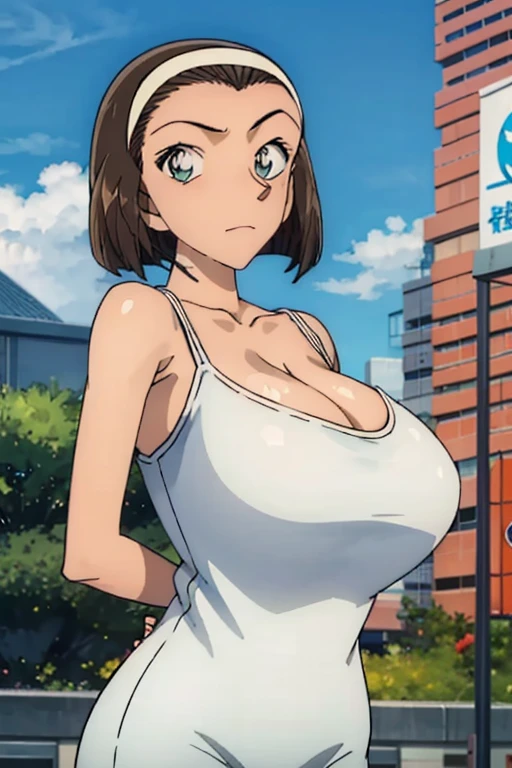 looking at the camera、When I Look at You、lookatviewer、Anime Style、Eroge、1 Girl,  (Huge breasts), (Tight white camisole dress)、Low Angle、Brown haired, hair band、Bob Hair、The forehead is visible、blush,The whole body is visible:1.5、Dolphin Shorts、Cleavage、O-neck、Accentuate your breasts、Arms folded behind back