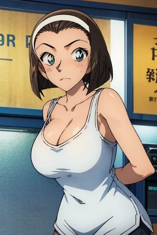 looking at the camera、When I Look at You、lookatviewer、Anime Style、Eroge、1 Girl, (Huge breasts), (Tight white camisole dress)、Low Angle、Brown haired, hair band、Bob Hair、The forehead is visible、blush,The whole body is visible:1.5、Dolphin Shorts、Cleavage、O-neck、Accentuate your breasts、Arms folded behind back