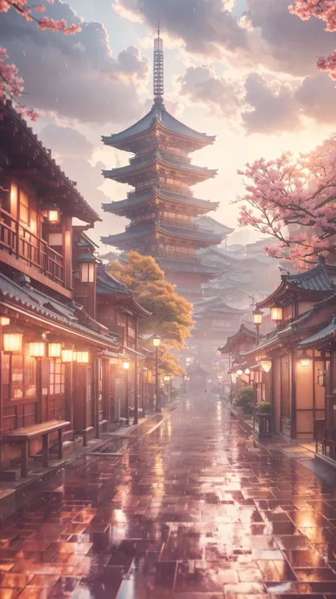 in the rain、anime landscape of a tower with benches and lanterns, japonism 3d 8k ultra detailed, japanese city, japanese town, a...