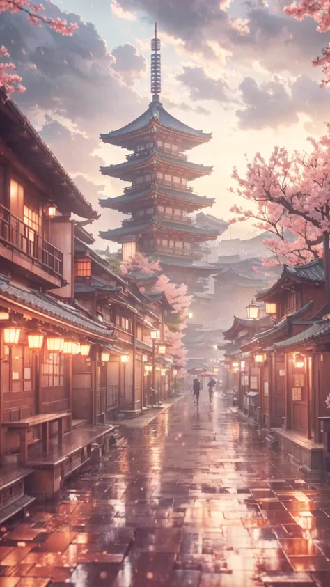 in the rain、anime landscape of a tower with benches and lanterns, japonism 3d 8k ultra detailed, japanese city, japanese town, a...