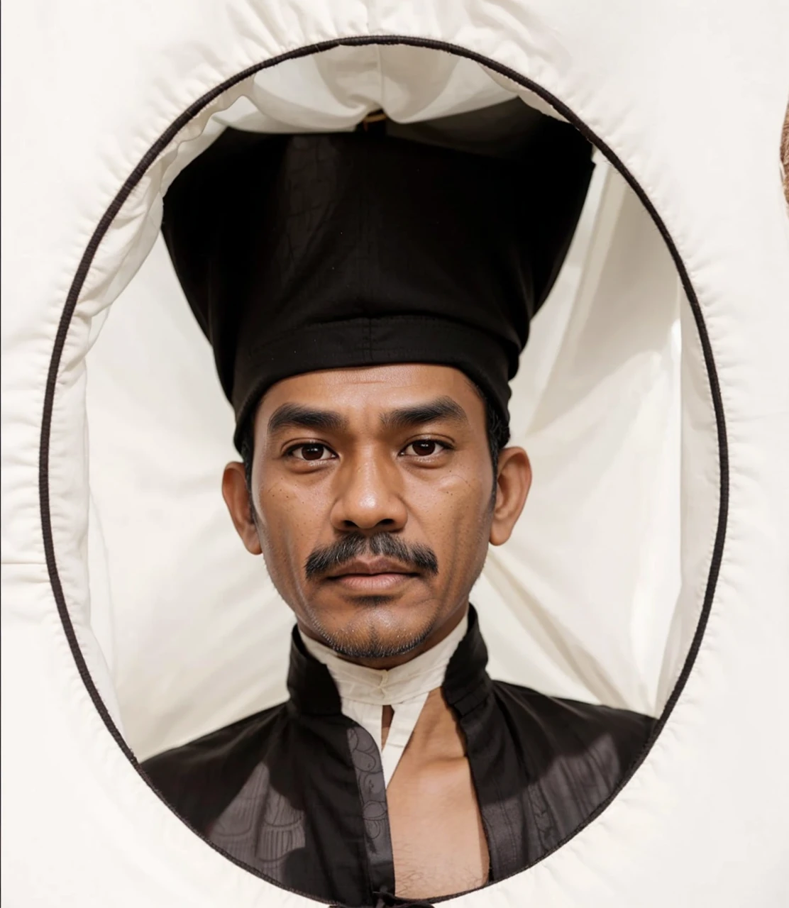 Indonesian Muslim man, aged 45 years or above, naturally wrinkled brown skin, wearing a high black head covering with detailed patterns and Kanigaran style clothes with the nuances of a great king, clear round glaring eyes, long eyebrows, small sharp nose, slightly thick lips, closed mouth, mustache Thick black, realistic HD quality images.
