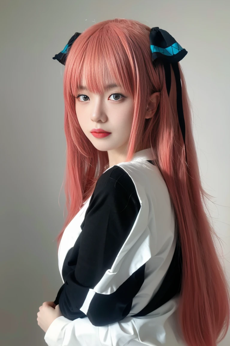 best quality, tmasterpiece,Ultra-high resolution,Clear face,(Reality:1.4),ferpect lighting,(upper body photo), (photorealistic:1.50), anime wallpaper, Guviz style artwork, cover-up fantasy up to magic , by Yang J, Guviz, beautiful artwork illustration, beautiful digital artwork, beautiful digital illustration, Li Song, beautiful anime portrait, art style in Beauvot, 1girl, 独奏, long hair, pink hair, hair ornament, hair ribbon, maid dress, standing,