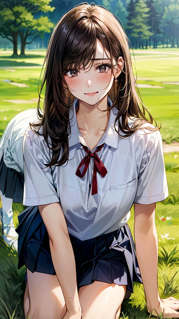 (masterpiece:1.2, top-quality, ultra high res, ultra detailed), (realistic, photorealistic:1.4), beautiful illustration, (natural side lighting, movie lighting), 
looking at viewer, (face focus, upper body), 1 girl, japanese, high school dirl, perfect face, (perfect anatomy), cute and symmetrical face, baby face, shiny skin, slender
(long hair:1.5, straight hair:1.2, sark brown hair), parted bangs, grey eyes, long eye lasher, (medium breasts), 
beautiful hair, beautiful face, beautiful detailed eyes, beautiful clavicle, beautiful body, beautiful chest, beautiful thigh, beautiful legs, 
((detailed cloth texture, short sleeve white collared shirts, navy blue pleated mini skirt, red neck ribbon), , , 
(beautiful scenery), hands on chest, (lovely smile, upper eyes), 

In a grassy field, a girl is on all fours, and a big dog is behind her, grabbing her waist with its paws and holding her close to the lower half of her body.
Her face is bright red and flushed, her mouth is open, and she looks like she is about to cry.
She is wearing a very short skirt.