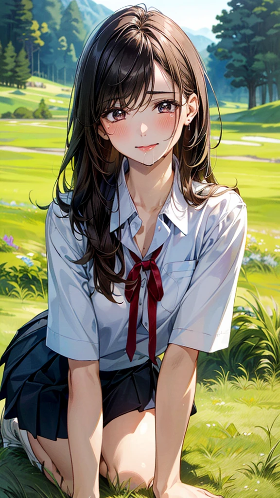 (masterpiece:1.2, top-quality, ultra high res, ultra detailed), (realistic, photorealistic:1.4), beautiful illustration, (natural side lighting, movie lighting), 
looking at viewer, (face focus, upper body), 1 girl, japanese, high school dirl, perfect face, (perfect anatomy), cute and symmetrical face, , shiny skin, slender
(long hair:1.5, straight hair:1.2, sark brown hair), parted bangs, grey eyes, long eye lasher, (medium breasts), 
beautiful hair, beautiful face, beautiful detailed eyes, beautiful clavicle, beautiful body, beautiful chest, beautiful thigh, beautiful legs, 
((detailed cloth texture, short sleeve white collared shirts, navy blue pleated mini skirt, red neck ribbon), , , 
(beautiful scenery), hands on chest, (lovely smile, upper eyes), 

In a grassy field, a girl is on all fours, and a big dog is behind her, grabbing her waist with its paws and holding her close to the lower half of her body.
Her face is bright red and flushed, her mouth is open, and she looks like she is about to cry.
She is wearing a very short skirt.