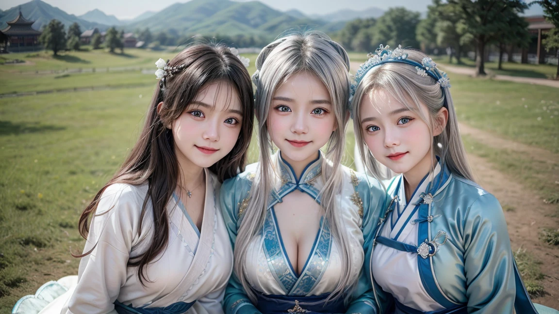 (3 girls), Young faceอินโดนีเซีย, 12 years,smile,Silver hair, white skin, Round breast, blue eyes,((Wear Chinese Hanfu costume))Masterpiece, Highest quality, 8K, beautiful girl, Young face、 photography, Cute face, thigh,In the meadow, Embarrassing、รอยsmile、((((((อายุ 12 years))))))、small waist、 ((Busty breasts))