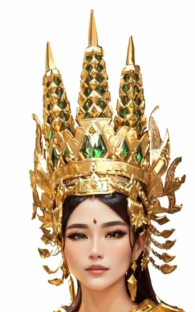 a close up of a woman wearing a gold crown and a green dress, big crown adorned with emerald, wearing huge golden crown, intricate gold headdress, queen crown on top of her head, sukhothai costume, tai traditional bronze headdress, crown on head, gorgeous and huge head ornaments, portrait of modern darna, with crown, wearing golden crown, headpiece
