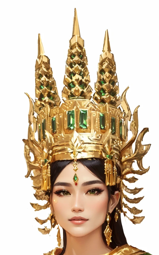 a close up of a woman wearing a gold crown and a green dress, big crown adorned with emerald, wearing huge golden crown, intricate gold headdress, queen crown on top of her head, sukhothai costume, tai traditional bronze headdress, crown on head, gorgeous and huge head ornaments, portrait of modern darna, with crown, wearing golden crown, headpiece