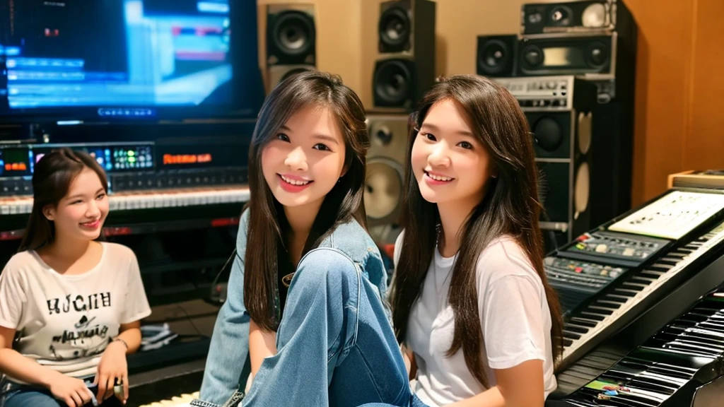 2 Vietnamese girls inside the music studio , shirt, quần jeans, High quality photos, HD, 4K, chill