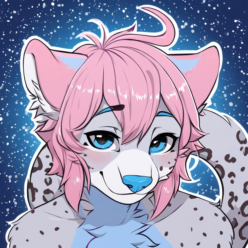 adult, feline, mammal, anthro, anthropomorphic, snow_leopard, striped, fur, striped_feline, fur, furred_anthro, femboy, male, light_pink, fluffy, long_tail, blue_nose, expressive eyes, feline_ears, pink_hair, blue_fur, light_blue_chest, shy, small_pupils, spotted_pattern, stripes, digital_art, high_resolution, high_res, hand-drawn, pencil_lines, head_visible, background, neck_visible, seductive_face, blue_galaxy_background, white_outline, detailed_line_work, profile_picture, head_visible