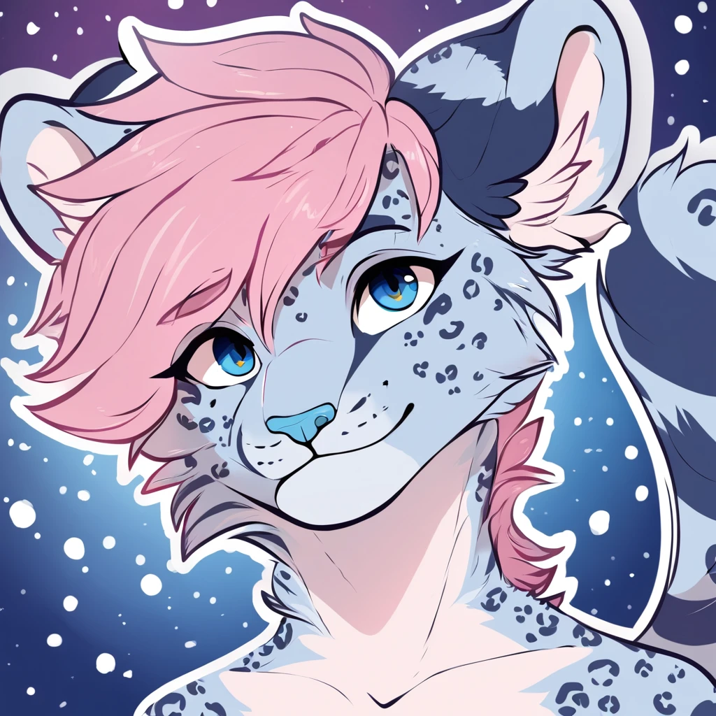 adult, feline, mammal, anthro, anthropomorphic, snow_leopard, striped, fur, striped_feline, fur, furred_anthro, femboy, male, light_pink, fluffy, long_tail, blue_nose, expressive eyes, feline_ears, pink_hair, blue_fur, light_blue_chest, shy, small_pupils, spotted_pattern, stripes, digital_art, high_resolution, high_res, hand-drawn, pencil_lines, head_visible, background, neck_visible, seductive_face, blue_galaxy_background, white_outline, detailed_line_work, profile_picture, head_visible