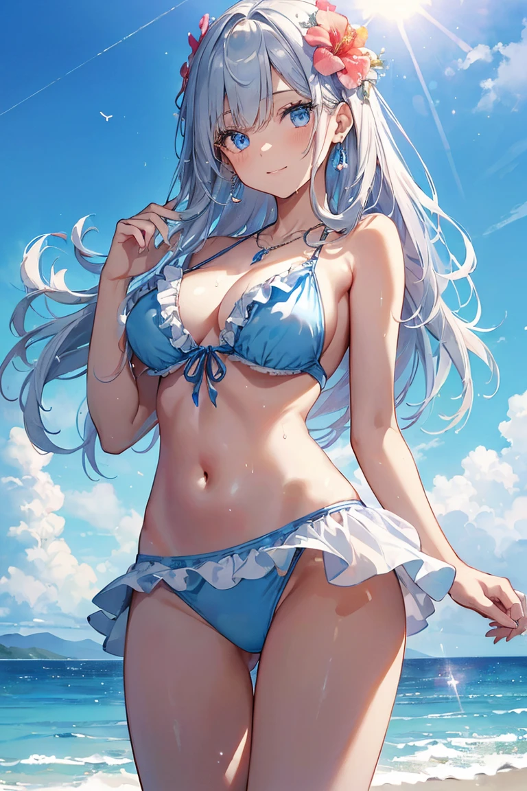 ((High quality, masterpiece, very high resolution, skin with fine details, eyes with fine details), digital painting illustration, watercolor, 8K image quality, 1 girl, solo, (cute and beautiful girl), , (large breasts), (long silver hair fluttering in the wind), hibiscus hair ornament, (cute and beautiful blue eyes),smile, (white bikini with frills), necklace, earrings, wet body, cowboy shot, from below, (beach), blue sky, (glow with beautiful details), light particles, lens flare, film reflections
