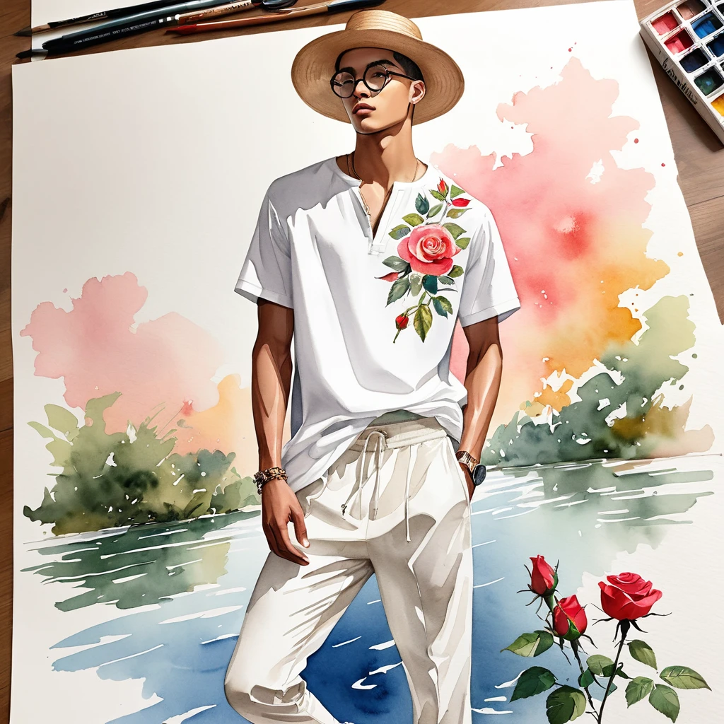 candid fashion illustration of young Mixed race 2man, both aged 18-23 year old, ((showcase fashion look book in White linen outfits)), the design inspired by David Austin Rose, in elegant young chic bohemian style. The man wears an oversized short-sleeved white shirt with a minimal embroidery details, paired with relaxed-fit white Sports pants with Drawstring, He completes his look with white sneakers, round glasses. The 2man complements him in a white Calf-length fitted pants in a cotton weave with short sleeves shirt, He resemble includes an accessorizes with a brimmed straw hat and white sneakers, Captured in a low angle, ((full-body image)), ((big drawing rose in water color background)), sketching, realistic drawing, ((imperfect water color drawing)), fashion look book, fashion illustrator, sketch design, 