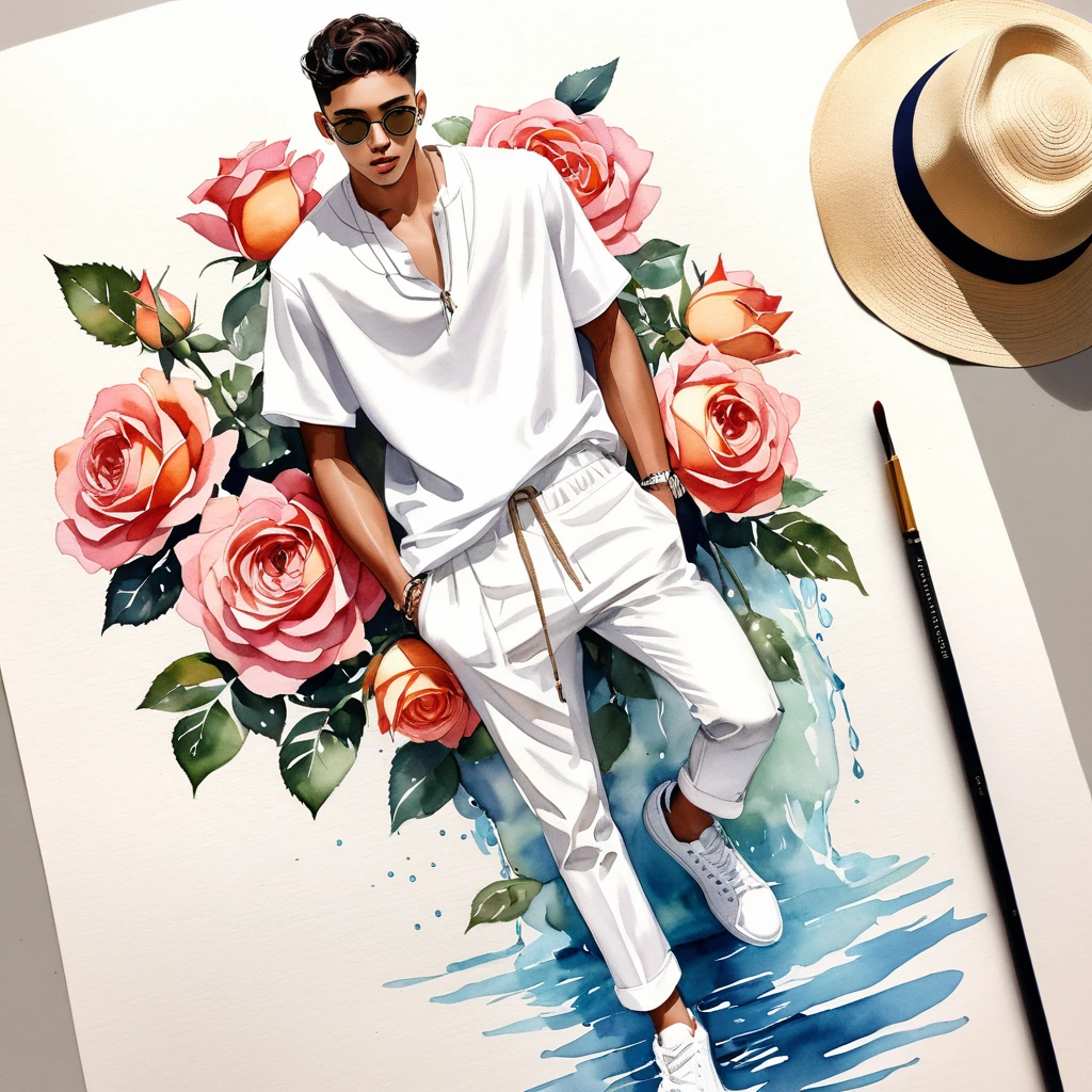 candid fashion illustration of young Mixed race 2man, both aged 18-23 year old, ((showcase fashion look book in White linen outfits)), the design inspired by David Austin Rose, in elegant young chic bohemian style. The man wears an oversized short-sleeved white shirt with a minimal embroidery details, paired with relaxed-fit white Sports pants with Drawstring, He completes his look with white sneakers, round glasses. The 2man complements him in a white Calf-length fitted pants in a cotton weave with short sleeves shirt, He resemble includes an accessorizes with a brimmed straw hat and white sneakers, Captured in a low angle, ((full-body image)), ((big drawing rose in water color background)), sketching, realistic drawing, ((imperfect water color drawing)), fashion look book, fashion illustrator, sketch design,