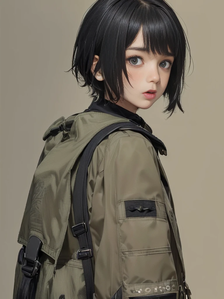 (((Masterpiece))), (high quality), one Japanese boy, 18 years old,(tall and thin,sleepy droopy eyes, long face, (thin cheeks:1.2),(black shaggy short hair,blank expression:1.5),(khaki outdoor jacket,Black Rucksack:1.5),(Surprised face close-up,turn around:1.5),(Plain background:1.5),