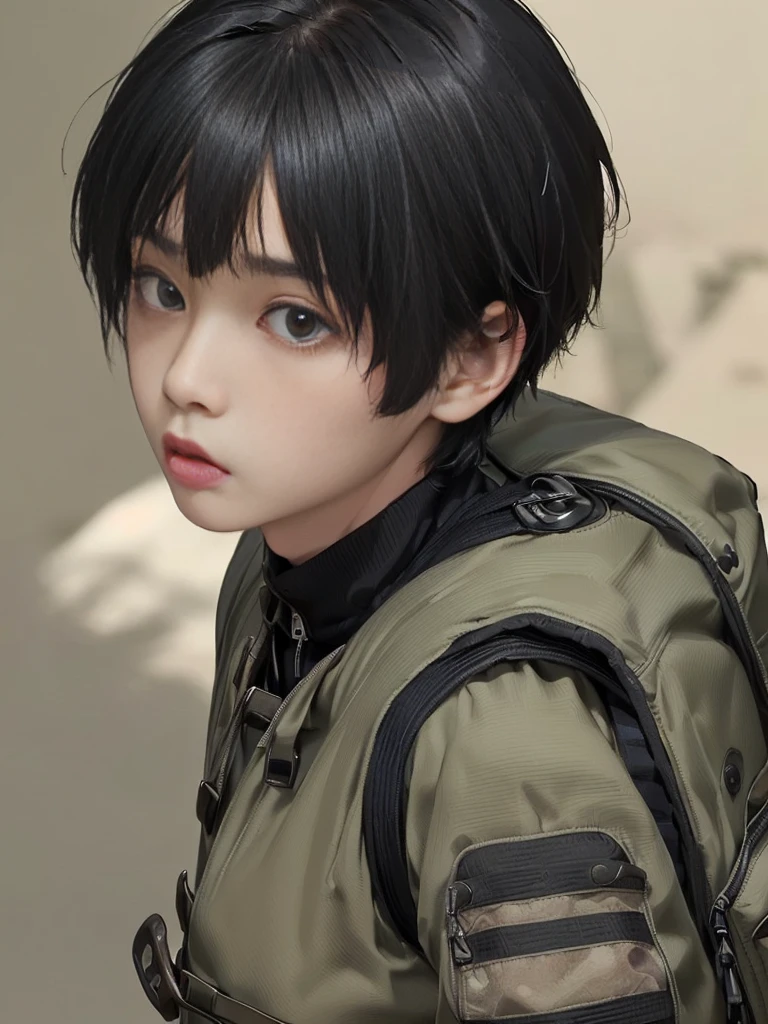 (((Masterpiece))), (high quality), one Japanese boy, 18 years old,(tall and thin,sleepy droopy eyes, long face, (thin cheeks:1.2),(black shaggy short hair,blank expression:1.5),(khaki outdoor jacket,Black Rucksack:1.5),(Surprised face close-up,turn around:1.5),(Plain background:1.5),