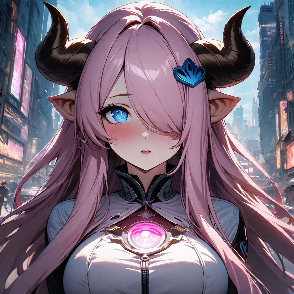 Narmaya has just stepped through a portal from her fantasy world into modern America. She stands in awe of the city buildings around her as the portal behind her closes. She's is wearing her traditional white outfit. In the background The magical glowing portal and city skyline are visible. The image is life-like and semi-realistic. Extreme detail has been put into the shading. Extensive detail has been put into making Narmaya the focal point and making her features clear and detailed. It's a masterpiece of fantasy art. (masterpiece), best quality, expressive eyes, perfect face, portal, American city, sky scrapers, seductive, fantasy, 8k, absurdres, narmaya, pink hair, blue eye with pink pupil, hair over eye, draph, horns, butterfly hair clip,
