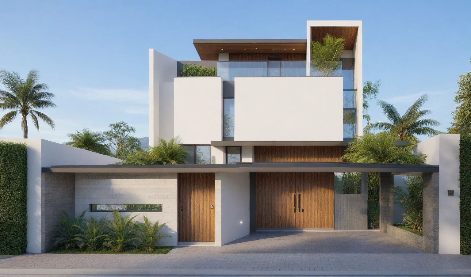 exterior house, contemporary style, white wall, wood wall, steel door, glass window, (realistic:1.2), Masterpiece, high quality, best quality, authentic, super detail, outdoors,road, trees, sky, cloud, (daylight:1.1), modern luxury villa, coconut trees, landscape, along the white beach, clear sky, day time, warm lighting RAW Photo, RAW texture, Super Realistic, 32K UHD, DSLR, soft lighting, high quality, film rating, Fujifilm XT3,Modern, Residential Architecture, car in front of house