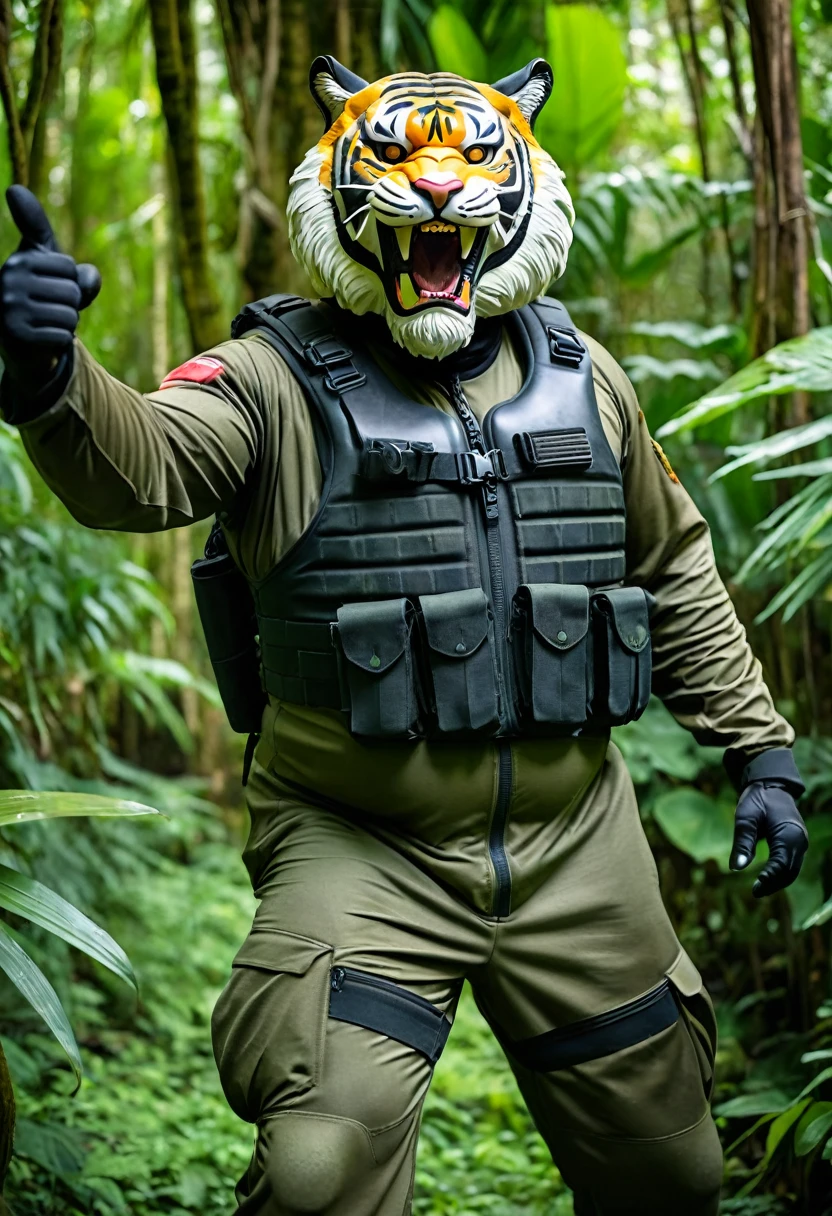 (a dark-skinned bearded fat old man in army camouflage zipper diver suit) (wearing proportionate realistic roaring tiger mask that show the wearer eyes), thumbs up, carrying a gun holster on his right hip, walking in jungle, muscular, Basuki Abdullah, sumatraism, muscular physique, imposing stature, action, a character portrait, heroic, fierce, snarling, best quality
