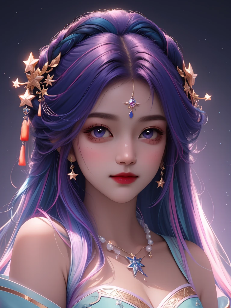 best quality, masterpiece, high resolution, 1 Girl,flirtatious,Colored hair,(Charming smile:0.8),Star-shaped pupil,china hanfu,Hair accessories,necklace, Jewelry,Pretty Face,Above_Body, Tyndall effect,Reality, Dark Studio, Rim Light, Two-tone lighting,(High Detail Skin:1.2), 8K uhd, Digital SLR Camera, Soft lighting, high quality, Volumetric Lighting, frank, photo, high resolution, 4K, 8K, Bokeh
