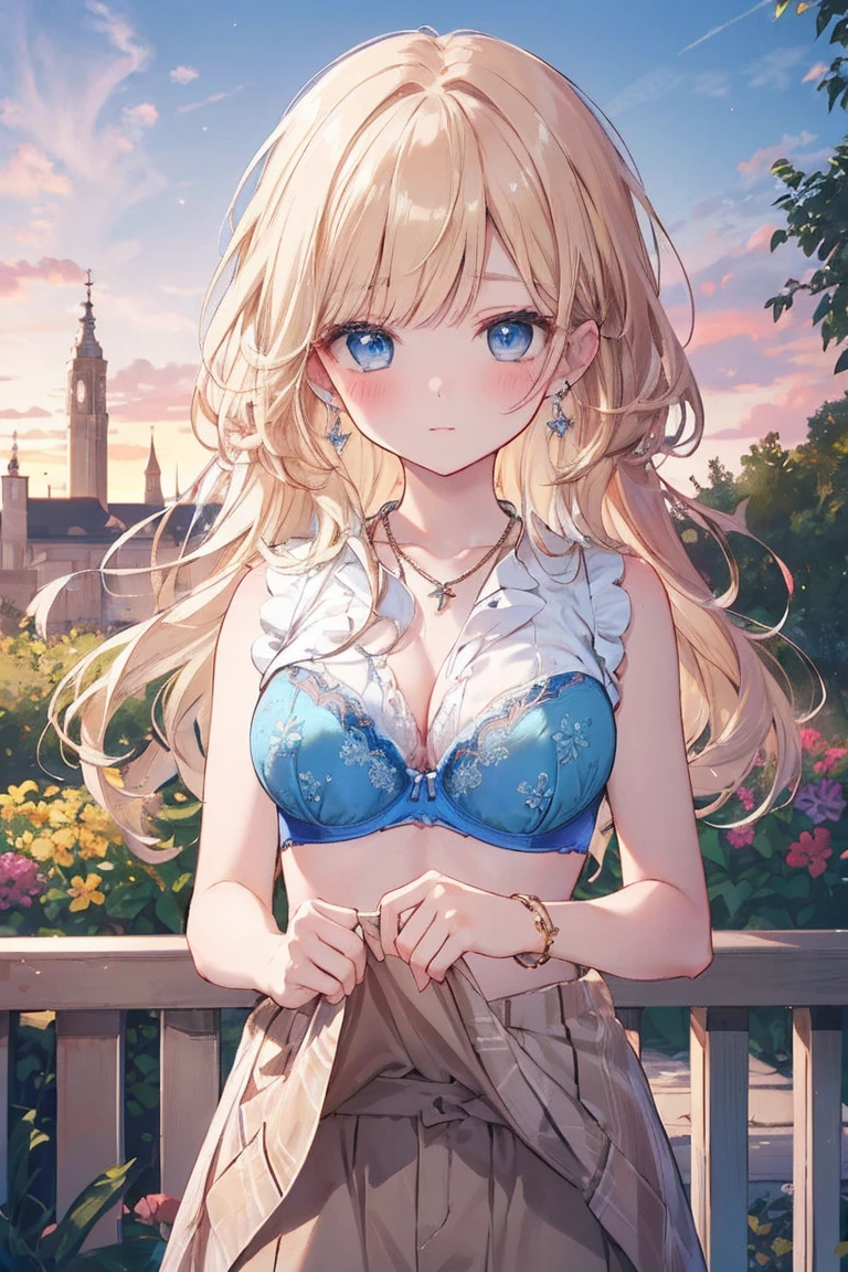 Melody Mark,Absurd, Very detailed,Bright colors,Look straight,(Sleeveless lift:1.6),(Fashionable bras:1.5) ,Long Hair, , Asymmetrical bangs, short twin-tailed blonde hair, Shiny Hair, Delicate and beautiful features, blush、(Deep blue eyes:1.3), White skin, Valletta, Earrings, necklace, Brown clothes, Beautiful Clouds, Twilight Sky,garden
