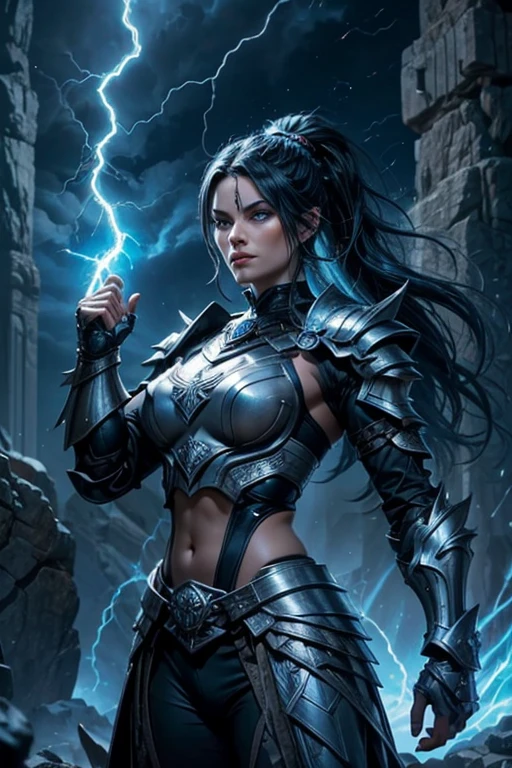 MILF, evil beautiful and muscular Nordic female storm giant with blue black hair in a ponytail, older and mature looking , throwing a lightning bolt, glowing tattoos, wearing steel runic plate mail Armour , temple cave background with lightning storm, glowing blue eyes 