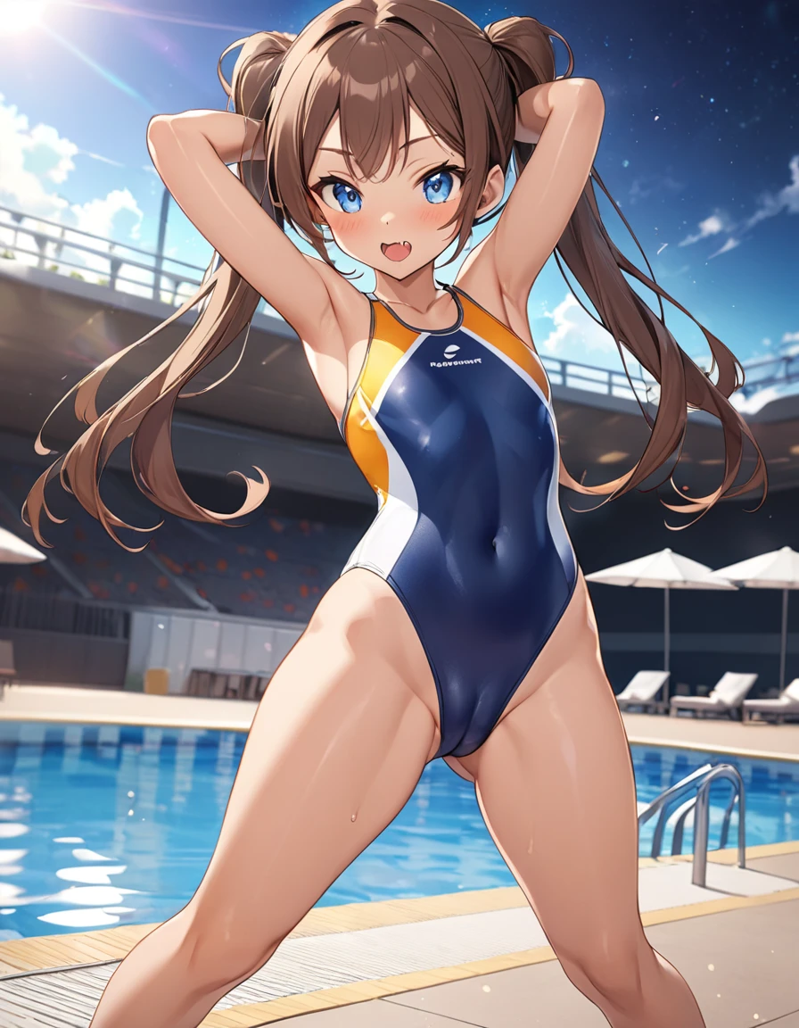 BREAK Perfect Anatomy、(High resolution:1.2)、Incredible illustrations、(Cute illustrations:1.2)、(nsfw)(dynamic angle,) 
（Beautiful background（poolside at night）)
1girl(brown hair,twin tails, tanned skin: 1.3,blue eyes,fang)1girl((a girl,slender 1.7meters, 45kg,
((Competitive swimsuit),,cameltoe,)(1boy(intercourse with a man))arms behind head
