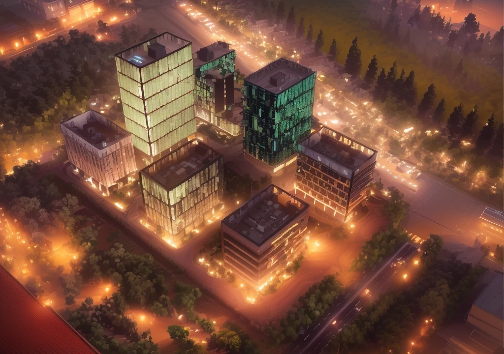 Skyscraper office building with green trees at night, High-tech environment, clear focus illustration hq, hq very detailed, The above points, skyscraper forest community, City, More detailed illustrations, City, Lighting up distant buildings, High field of view, High-rise buildings,masterpiece,High Detail,HD resolution,8K,Crisp, high-quality rendering