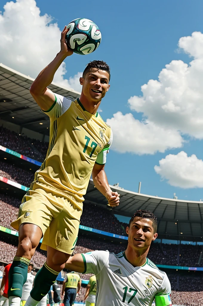 Cristiano Ronaldo happy and holding his world cup high up in the air