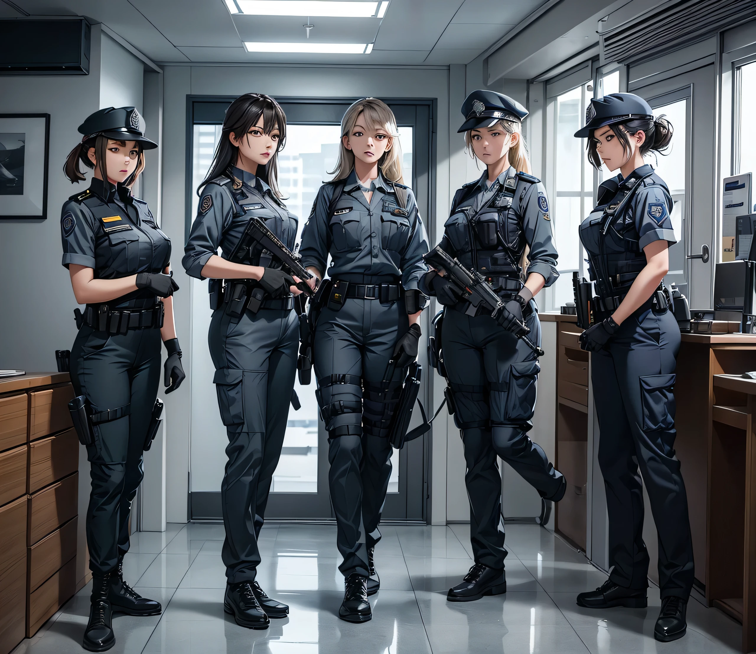 Four policewomen in grey uniforms、All wear helmets、Pants、Police Equipment Set、Gloves、Interior corridors、Side by side patrol、Write details、masterpiece、best quality、Highly detailed CG、8K picture quality