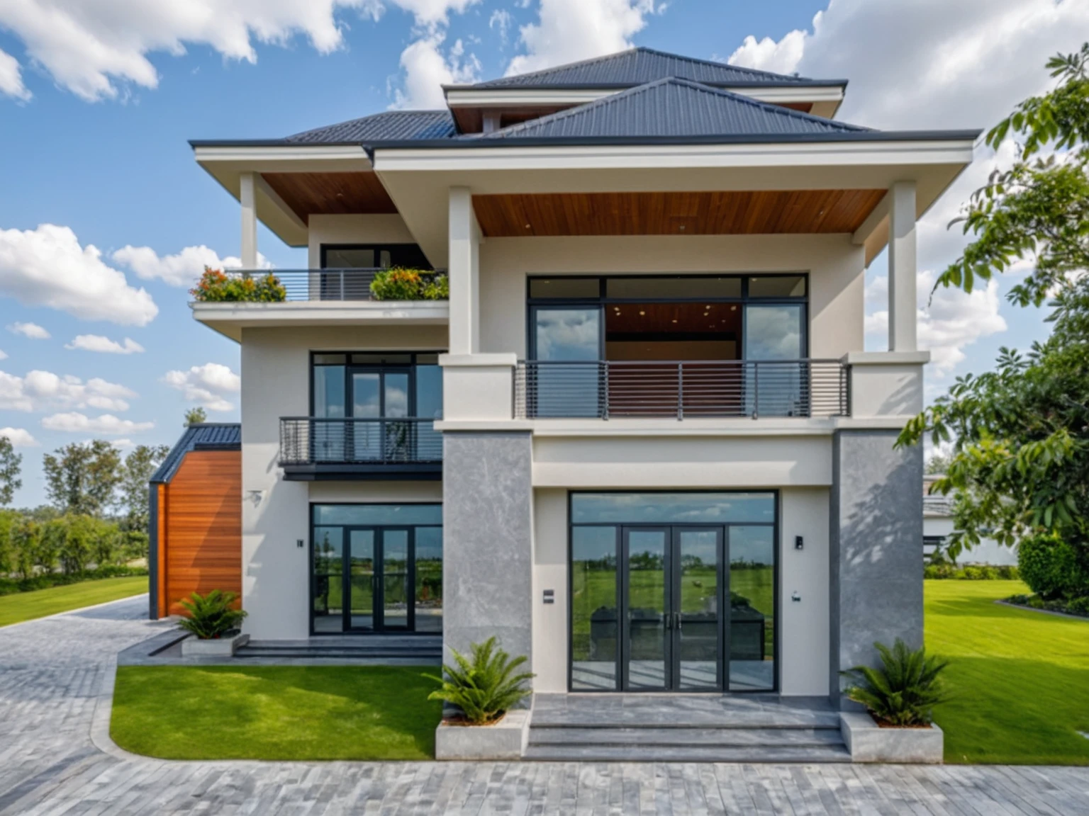 Raw photo, masterpiece, high quality, best quality, realistic, super detailed, outdoor, 2-story house, modern house style on the street, white wall, curved wall facade, aluminum glass door, sink orange-yellow trees, patterned iron railings, gray painted accent walls, gray iron gates, roads, sidewalks, grass, trees, sky, clouds, (daylight) :1.1)