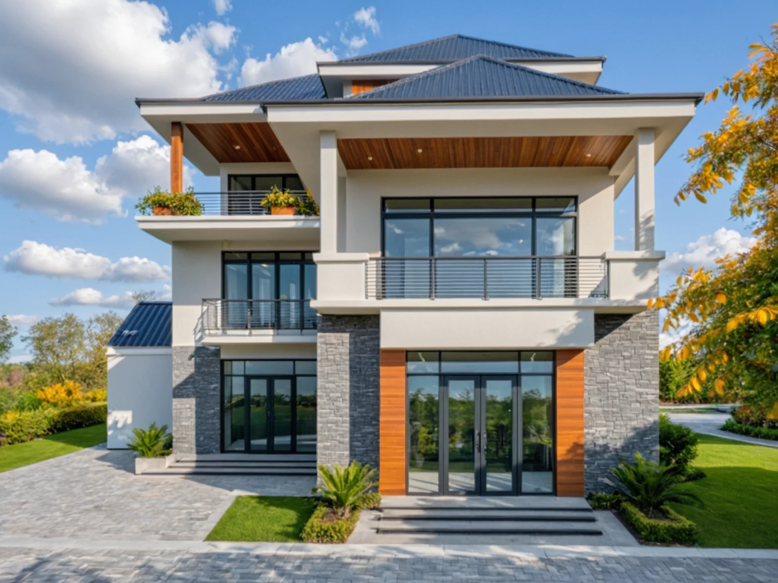 Raw photo, masterpiece, high quality, best quality, realistic, super detailed, outdoor, 2-story house, modern house style on the street, white wall, curved wall facade, aluminum glass door, sink orange-yellow trees, patterned iron railings, gray painted accent walls, gray iron gates, roads, sidewalks, grass, trees, sky, clouds, (daylight) :1.1)