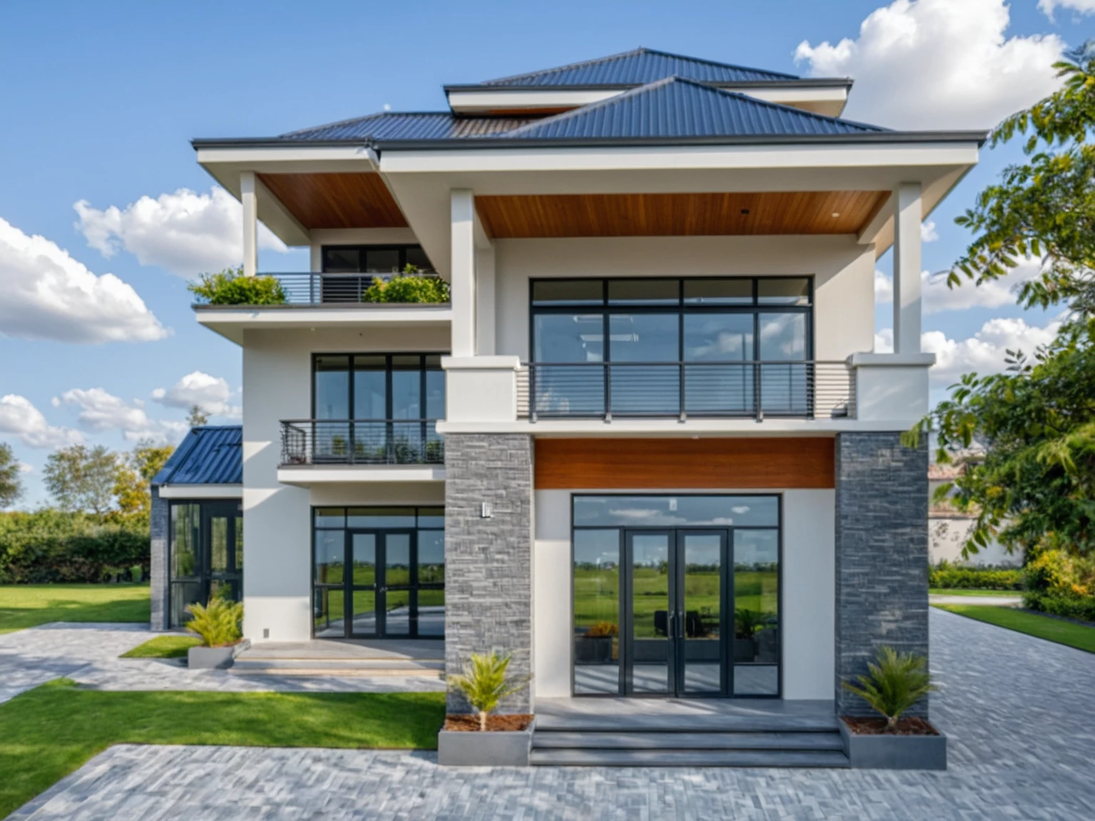 Raw photo, masterpiece, high quality, best quality, realistic, super detailed, outdoor, 2-story house, modern house style on the street, white wall, curved wall facade, aluminum glass door, sink orange-yellow trees, patterned iron railings, gray painted accent walls, gray iron gates, roads, sidewalks, grass, trees, sky, clouds, (daylight) :1.1)