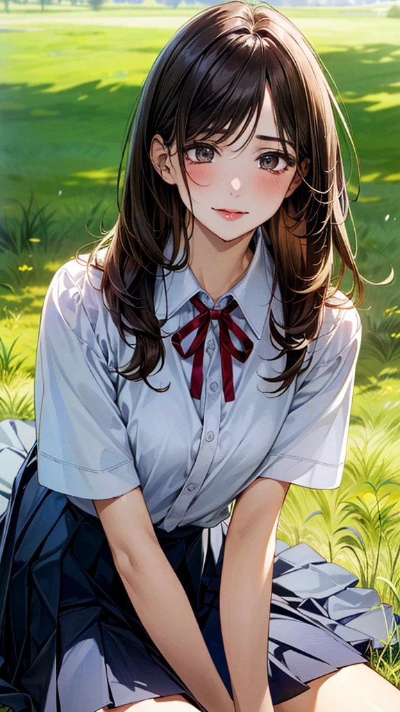 (masterpiece:1.2, top-quality, ultra high res, ultra detailed), (realistic, photorealistic:1.4), beautiful illustration, (natural side lighting, movie lighting),
looking at viewer, (face focus, upper body), 1 girl, japanese, high school dirl, perfect face, (perfect anatomy), cute and symmetrical face, baby face, shiny skin, slender
(long hair:1.5, straight hair:1.2, sark brown hair), parted bangs, grey eyes, long eye lasher, (medium breasts),
beautiful hair, beautiful face, beautiful detailed eyes, beautiful clavicle, beautiful body, beautiful chest, beautiful thigh, beautiful legs,
((detailed cloth texture, short sleeve white collared shirts, navy blue pleated mini skirt, red neck ribbon), , ,
(beautiful scenery), hands on chest, (lovely smile, upper eyes),
In a grassy field, a girl is on all fours, and a big dog is behind her, grabbing her waist with its paws and holding her close to the lower half of her body.
Her face is bright red and flushed, her mouth is open, and she looks like she is about to cry.
She is wearing a very short skirt.