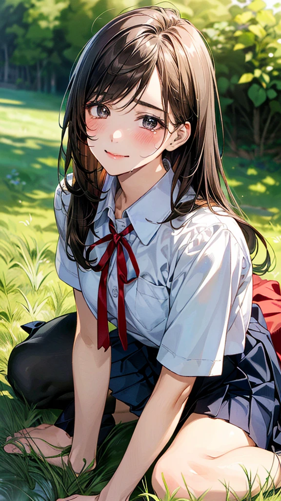 (masterpiece:1.2, top-quality, ultra high res, ultra detailed), (realistic, photorealistic:1.4), beautiful illustration, (natural side lighting, movie lighting),
looking at viewer, (face focus, upper body), 1 girl, japanese, high school dirl, perfect face, (perfect anatomy), cute and symmetrical face, baby face, shiny skin, slender
(long hair:1.5, straight hair:1.2, sark brown hair), parted bangs, grey eyes, long eye lasher, (medium breasts),
beautiful hair, beautiful face, beautiful detailed eyes, beautiful clavicle, beautiful body, beautiful chest, beautiful thigh, beautiful legs,
((detailed cloth texture, short sleeve white collared shirts, navy blue pleated mini skirt, red neck ribbon), , ,
(beautiful scenery), hands on chest, (lovely smile, upper eyes),
In a grassy field, a girl is on all fours, and a big dog is behind her, grabbing her waist with its paws and holding her close to the lower half of her body.
Her face is bright red and flushed, her mouth is open, and she looks like she is about to cry.
She is wearing a very short skirt.
