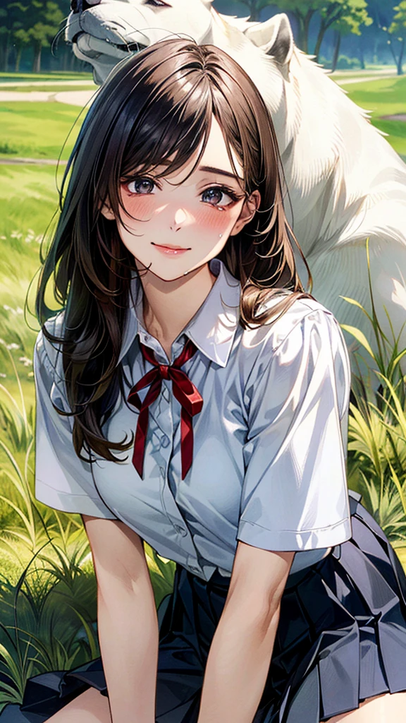 (masterpiece:1.2, top-quality, ultra high res, ultra detailed), (realistic, photorealistic:1.4), beautiful illustration, (natural side lighting, movie lighting),
looking at viewer, (face focus, upper body), 1 girl, japanese, high school dirl, perfect face, (perfect anatomy), cute and symmetrical face, baby face, shiny skin, slender
(long hair:1.5, straight hair:1.2, sark brown hair), parted bangs, grey eyes, long eye lasher, (medium breasts),
beautiful hair, beautiful face, beautiful detailed eyes, beautiful clavicle, beautiful body, beautiful chest, beautiful thigh, beautiful legs,
((detailed cloth texture, short sleeve white collared shirts, navy blue pleated mini skirt, red neck ribbon), , ,
(beautiful scenery), hands on chest, (lovely smile, upper eyes), IA girl is on all fours in a grassy field. A large dog is hugging her back.
Her face is bright red, her brow is furrowed, her mouth is open, and she looks delighted. Her large breasts and nipples are standing out, even through her shirt. The skirt is shorter than normal, but even shorter. The girl has brown hair.
(Very short skirt).