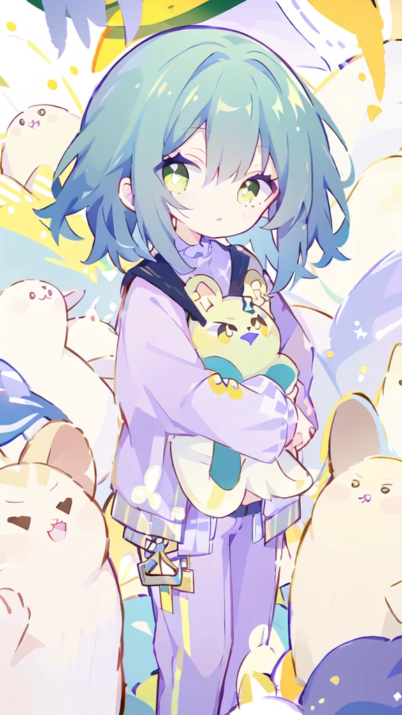 Young Girl、tall、Hair is yellow-green、Yellow Eyes、I have a stuffed animal、Wearing purple casual clothes、