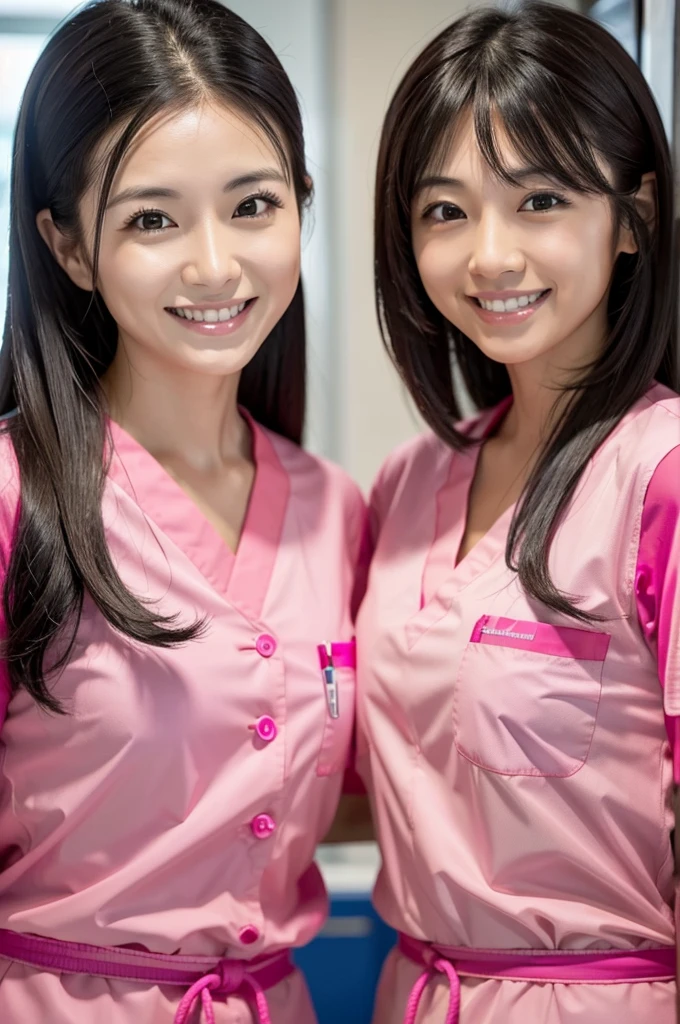 Dental hygienist, only two women Side by side, smiling, wearing fluorescent red and pink medical scrubs, cute, Japanese, black hair, early 20s, female Upper body close-up high resolution Highest quality Don't put your face too close.々