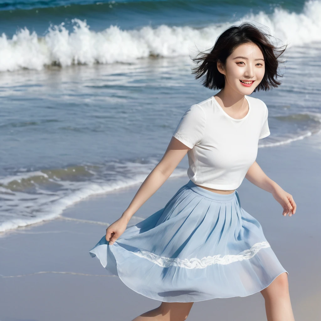 blue, Beach with white waves, Clear picture quality, Beautiful 36-year-old short Korean woman, Chest size 34 inches, Wear white short sleeves and sleeveless tops, lightweight mid length skirt. beautiful pretty woman look , wearing a light skirt , Dipping my toes in the waves crashing in the distance. Short medium hair blowing in the wind, 1 woman, beautiful eyes, Smiling, Full-body photo taken from afar with a wide-angle lens, The background is clean and perfect., Waves are coming on the white sand beach, my skirt got wet. short woman